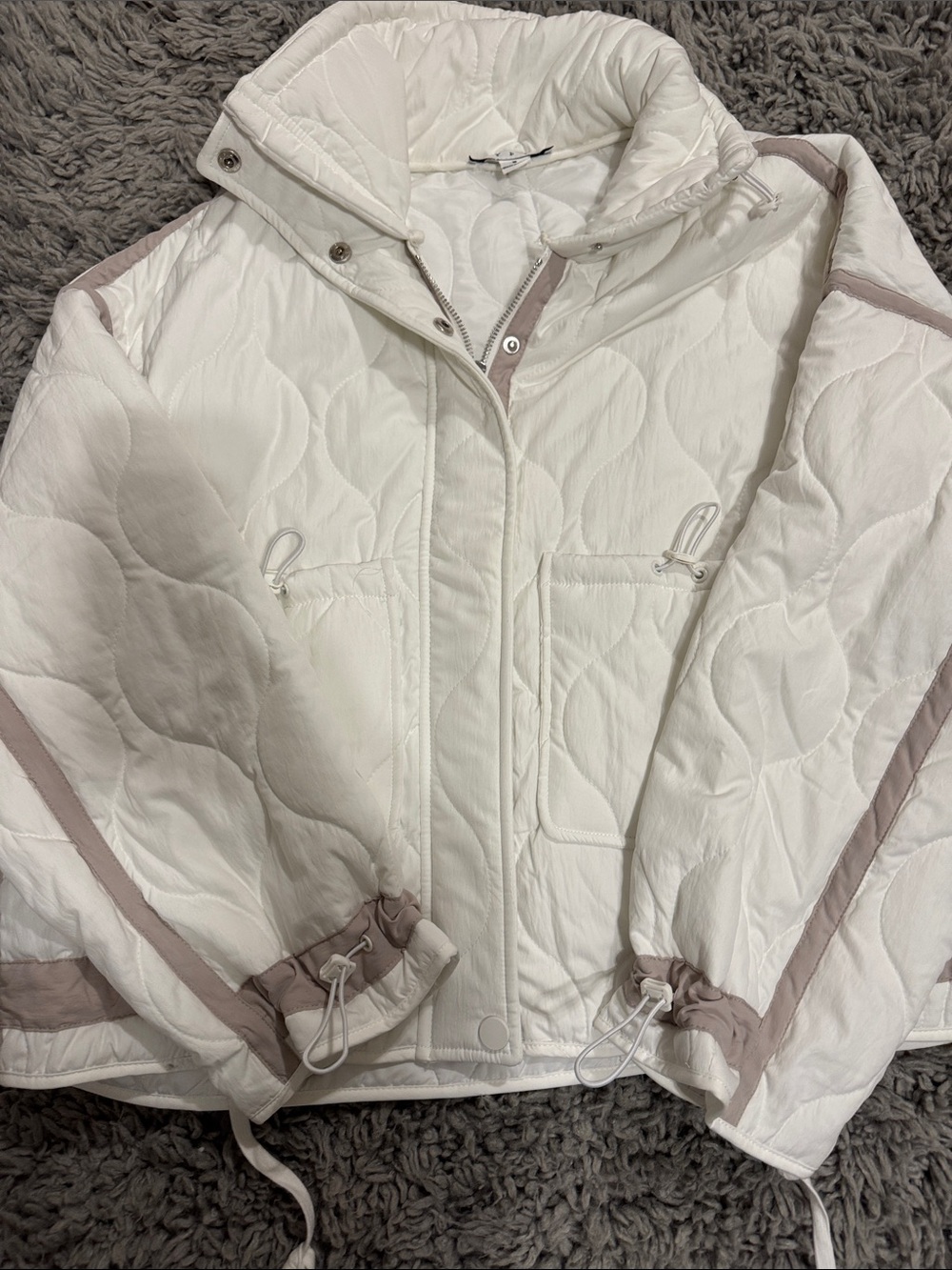 Women’s lightweight Quilted White Coat with Taupe Trim